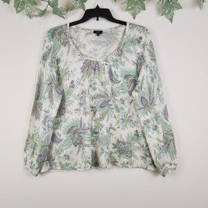 Talbots Woman Petites 3X Green Purple Floral Silk Cotton Boho Long Sleeve Top